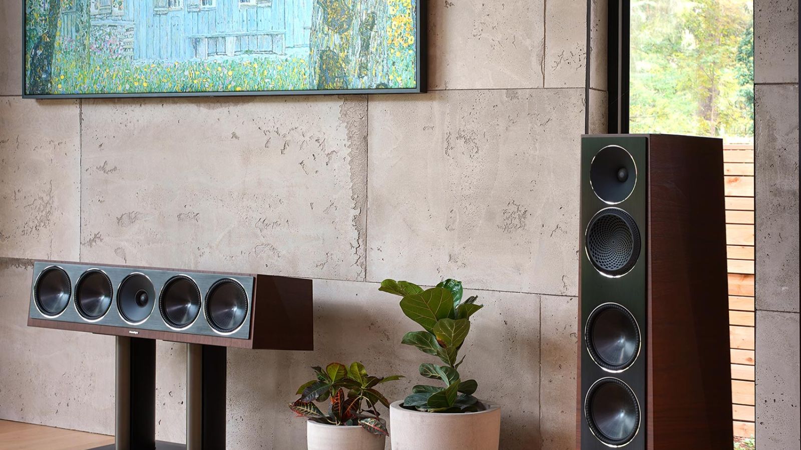 Control4 Touch panel in a able with a traditional home in the background